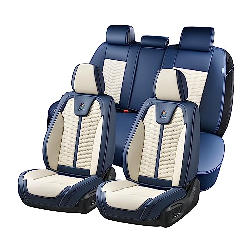 Image of FLORICH Seat Covers for Cars, Seat Covers Full Set 5 Seats, Waterproof Leather Car Seat Covers, Front and Rear Seat Covers, Universal Seat Protector Accessories for Most Vehicles-Blue&White