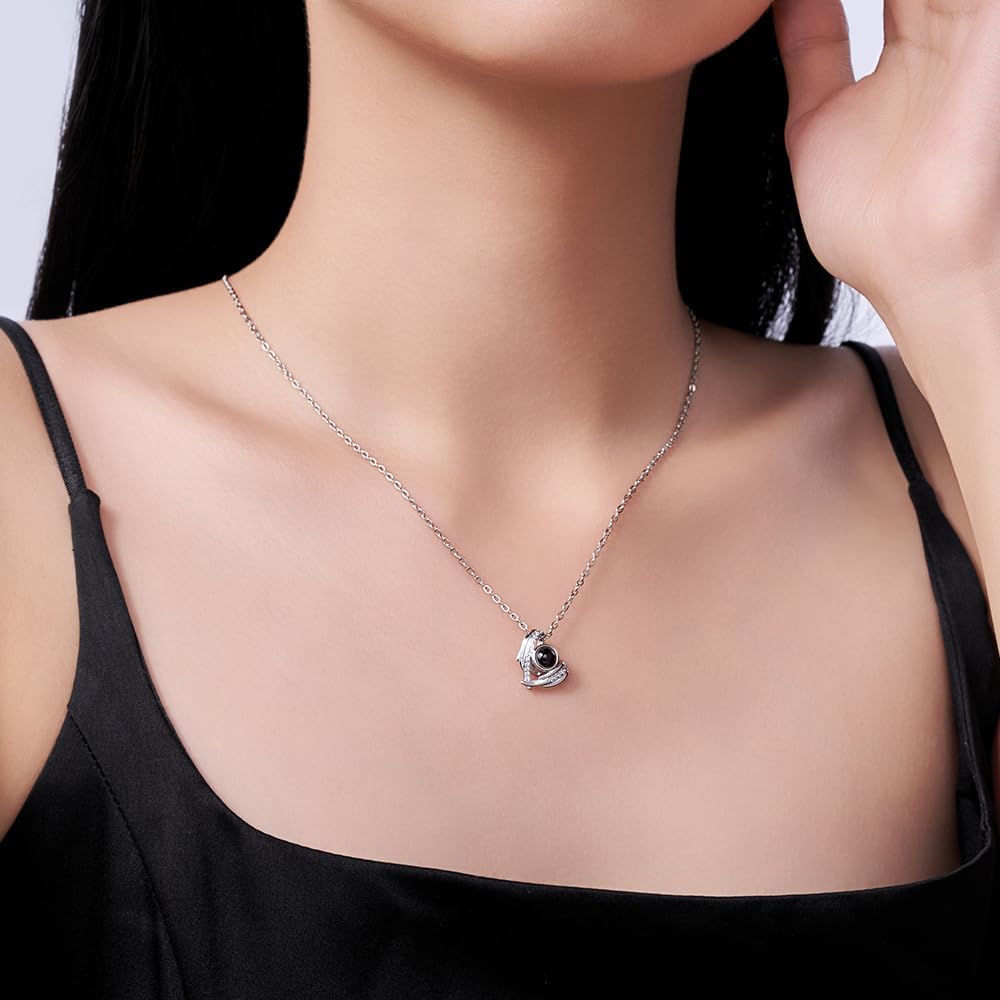 Angel Wings Custom Photo Projection Necklace Sterling Silver Personalized Hidden Picture Pendant for Women Rose Gold Silver Angel Wing Couple’s Memorial Keepsake Unique Birthday Valentine’s Day Gift