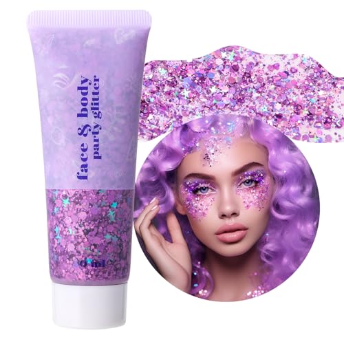 Prreal Gel de purpurina corporal, gel holográfico para la cara, accesorios de fiesta rave, purpurina gruesa para cara, cabello, uñas, polvo láser cosmético, pintura de lentejuelas, maquillaje, #morado