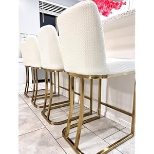 MAISON ARTS Bar Stools Set of 3 24 Inch Counter Height Barstools with Back Modern Upholstered Faux Leather Bar Chairs for Kitchen Island Home Bar Gold Metal Frame Footrest Off White