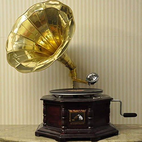 Replica RCA Victor grammofono record Player with esagonale base and Brass Horn