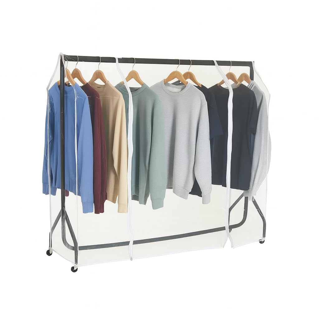 Shoplines Supplies Clear Clothes Rail Cover – Zipped Garment Protector for Coat Hangers – Dustproof Plastic Wardrobe Cover – Strong, Transparent, Easy-Access Design (6 feet x 5 feet Cover Only)