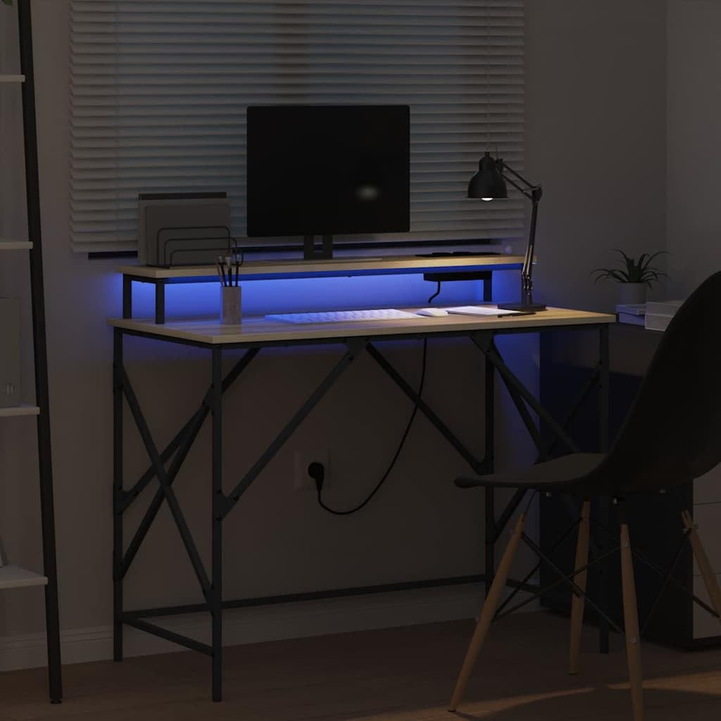 Scrivania 100 x 50 cm rovere Sonoma con LED RGB tavolo da gioco in legno e telaio in acciaio, piccolo computer desk moderno da ufficio con stazione di ricarica per casa, ufficio, camera dei