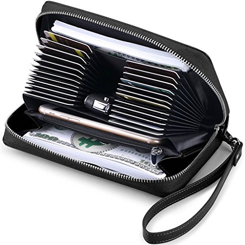 JEEBURYEE Women's Genuine Leather Credit Card Holder Wallet RFID Blocking Large Capacity Long Zip Around Clutch Purse with Wrist Strap Black - Image 3