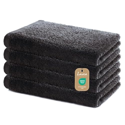 Lavea® Juego de 4 Toallas de Mano 40×70 cm – Toallas de Baño de Algodón 100% Suaves y Absorbentes, Certificado Oeko-Tex, Lavables a 60 °C, para Baño, Invitados y Gimnasio – Antracita