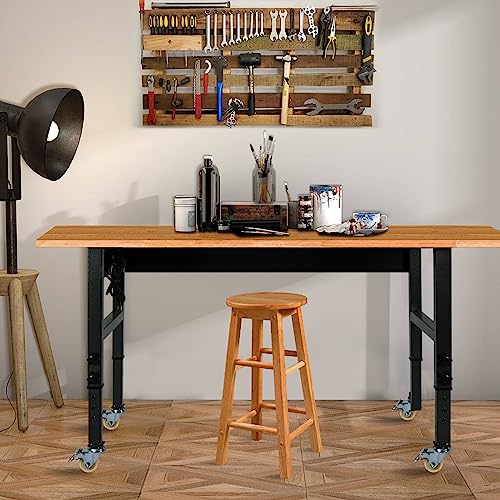 60" Adjustable Work Bench, Rubber Wood Top Heavy-Duty Workbench With Power Outlet With Wheels, 2000 Lbs Load Capacity Hardwood Worktable, For Garage, Workshop, Home, Office, Easy Assembly #TOP5