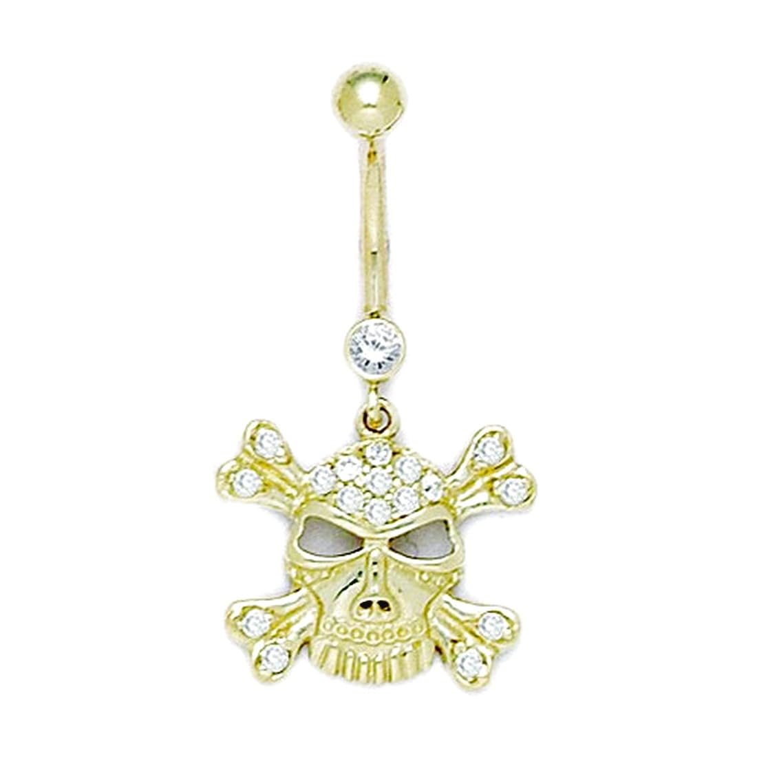 Bauchnabelring aus 14 Karat Gelbgold mit Zirkonia, 14 Gauge, Totenkopf, religiöser Glaube, gekreuzte Knochen, Maße: 35 x 18 mm, Schmuckgeschenk für Frauen, Metall, Zirkonia