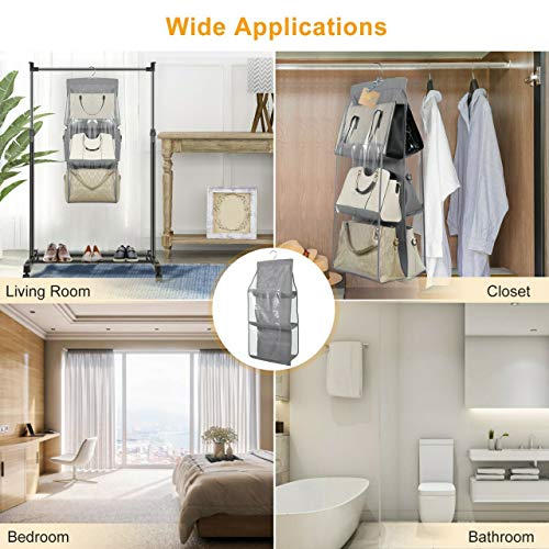 Image of 6 Pocket Hanging Handbag Organizer - Multi-Compartment Purse Storage with Adjustable Hooks - Space-Saving Closet Organizer for Handbags, Purses, Wallets - Durable, Home (2 Pcs Grey)