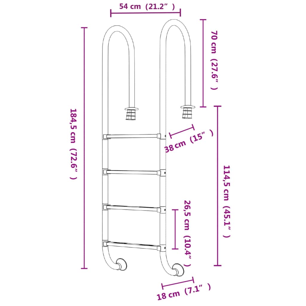 vidaXL Scala per Piscina 54x38x184,5 cm Acciaio Inox 304
