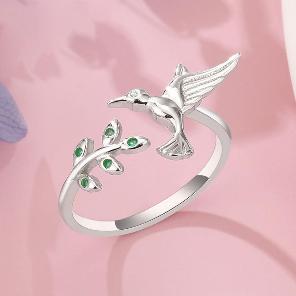Baluue Anello Regolabile da Donna Design Colibrì e Foglie, Gioielli a Forma di Volatile, Anello Aperto Leggero e Comodo per Uso Quotidiano
