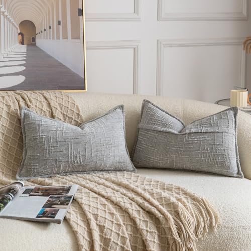 Image of MADIZZ Pack of 2 Chenille Throw Pillow Covers 12x20 Inch Grey Soft Neutral Decorative Throw Pillows for Couch Sofa Boho Accent Cushion Covers Modern Farmhouse Home Decor for Bedroom Living Room