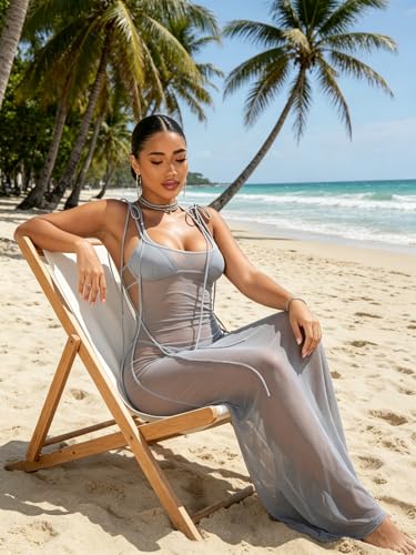 Image of Suillty Women Mesh Sheer Spaghetti Strap Long Maxi Dress Sexy Sleeveless Backless Beach Swimsuit Cover Ups Party Club Dresses