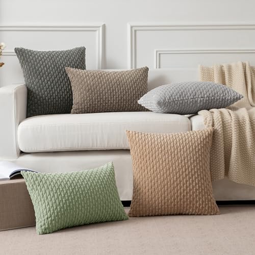 Kevin Textile 2 Packs Spring Decorative Throw Pillow Covers 18x18 Inch for Living Room Couch Bed Spring Sofa Soft Striped Corduroy Square Cushion Case 45x45 cm Farmhouse Boho Home Decor Sage Green