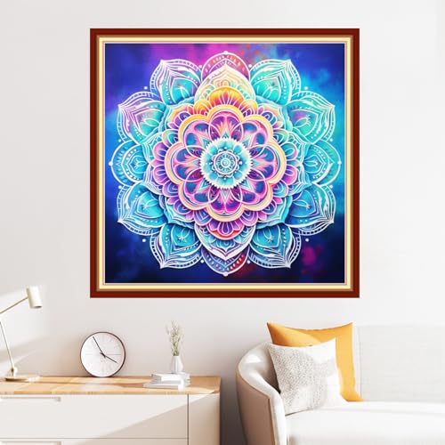 Image of Disxvivy Cross Stitch Stamped Full Embroidery Kits DIY 11CT Cotton Thread Printed DIY Needlepoint Kits Craft Needlework Set Cross-Stitch Stamped Sets-Colorful Mandala 18x18 inch