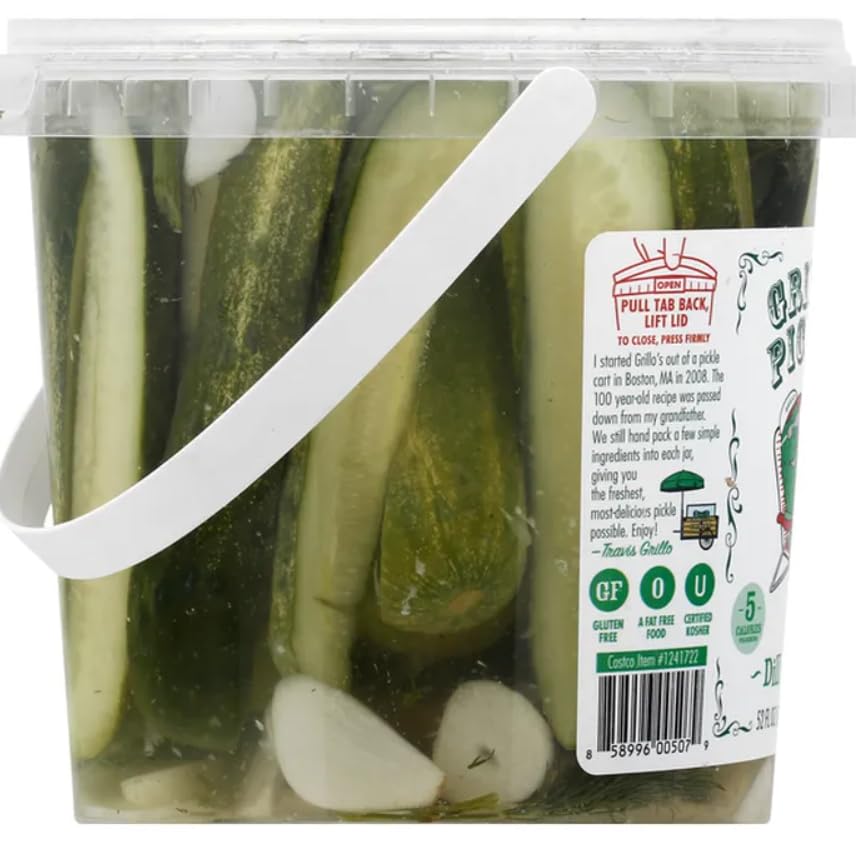 Pickles Classic Dill Pickle Spears, 52 Fl Oz, 5 calories per serving. Gluten free. A fat free food, CUCUMBERS, BRINE (WATER, DISTILLED WHITE VINEGAR, SALT), GARLIC, DILL, GRAPE LEAVES.
