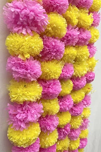 Image of SPHINX Artificial Marigold Fluffy Flowers Garlands for Decoration - Pack of 5 (Yellow and Baby Pink)