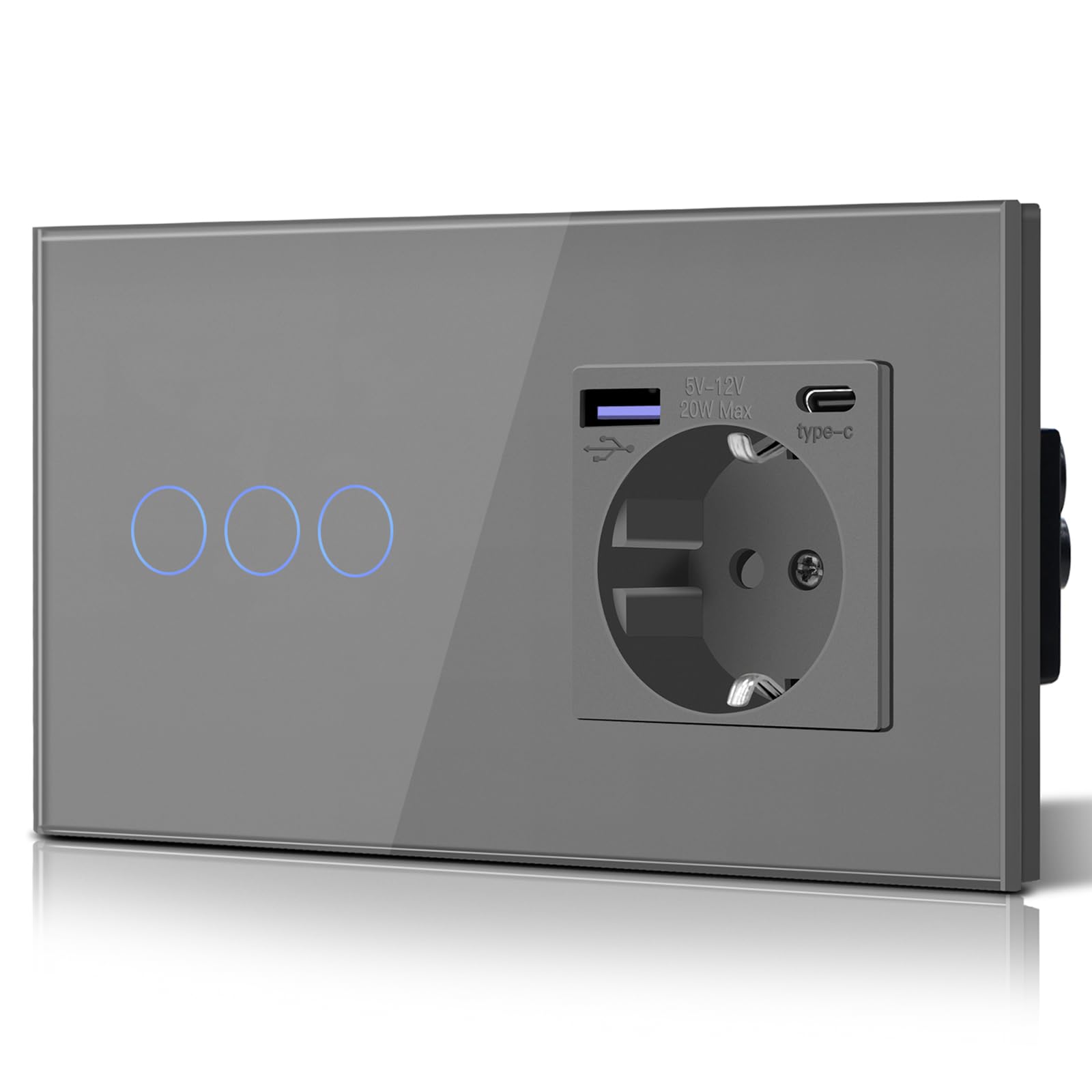 BSEED Enchufe Pared con 20W USB y Tipo C,Enchufe USB C de Cristal,Carga Rápida,3 en 1，Fácil Instalación,1 Enchufe,86mm Blanco — view 85