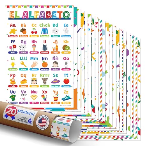Quarterhouse 20 Poster Double-Sided English-Spanish Set, Spanish Classroom Learning Materials