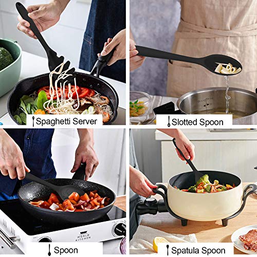 Image of LIANYU 12-Piece Black Silicone Kitchen Cooking Utensils Set with Holder, Kitchen Tools Include Slotted Spatula Spoon Turner Ladle Tong Whisk, Dishwasher Safe