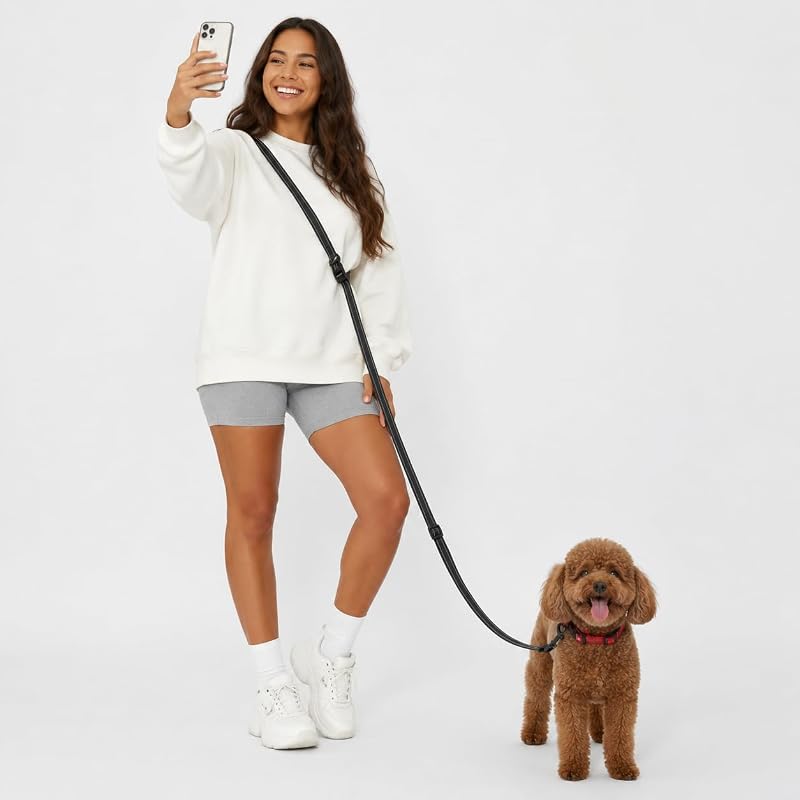 Guia para Cães Hands-Free Ajustável de Nylon Balístico com Faixas Refletivas kazazoo, 1,52–2,44 m, Preta