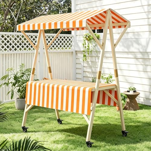 Portable Farmers Market Stand – Collapsible Wooden Vendor Cart with Canopy for Farmers Market, Outdoor Events, Parties & Dessert Cart Use, Natural Wood Finish Orange 47.2X30.7X76.3in
