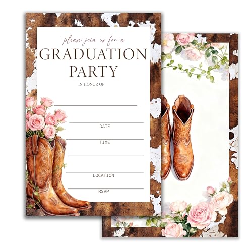 LoaHak Western Graduation Invitation, Rustic Cowboy Boots Graduation Party Invite, Floral Graduation Card, Country Graduation Invitation, 4x6 Inch