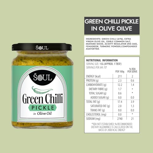 Image of ADF Soul's Spicy green chillies pickled in 100% Olive Oil with bold, tangy and traditional Indian spices | 265g