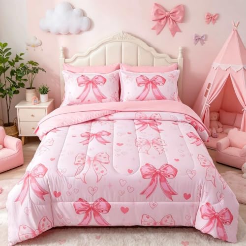 lishjekee 7 Pieces Girls Pink Bows Comforter Full Cute Hearts Bedding Set