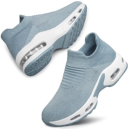 Image of DOUSSPRT Womens Walking Sneakers Slip on Sock Shoes Mesh Air Cushion Platform Workout Tennis Loafers Fashion Casual 002 Greyblue US Size 9.5