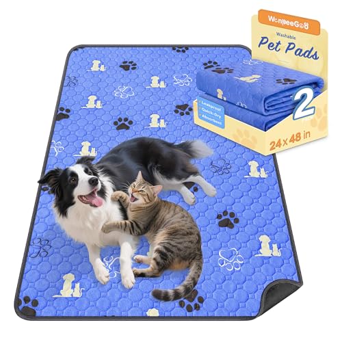 Image of WanpeeGoo Washable Pee Pads for Dogs, Waterproof, 24 x 48 in, 2 Pack, Blue | Super Absorbent, Waterproof and Non-Slip; Washable, Reusable Dog Pads for Crates, Playpens, Floors, Furniture and Travel