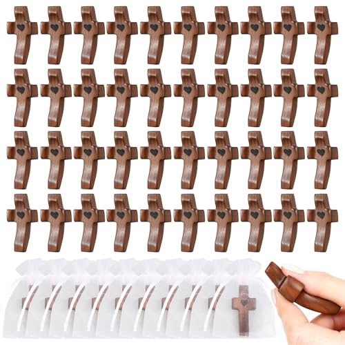 50Pcs Wooden Cross Bulk Worry Cross with Organza Gift Bags Handcrafted Solid Walnut Pocket Cross My Heart Prayer Stress Relief Christian Faith Encouragement Gifts for Church Easter Religious Sharing