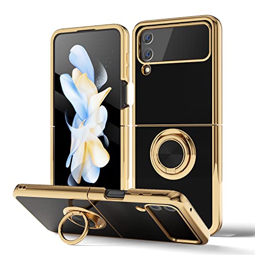 Oakxco Samsung Galaxy Z Flip 4 Case With Ring Kickstand, Elegant Luxury Gold Edge Glossy Phone Case With Magnetic Ring Holder Flip 4 Protective Cover For Women Girl Cute, Slim Fit Soft Tpu, Black #TOP27