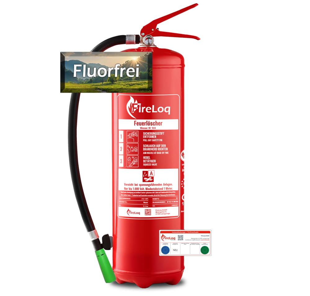 9L Wasser Feuerlöscher für Brandklasse A mit 13A ergibt 4LE Dauerdruck inkl. Prüfnachweis,Wandhalter und Manometer