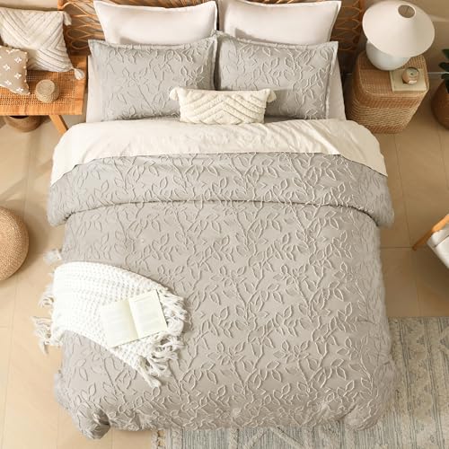 Image of Litanika Super King Size Comforter Set Oatmeal, 3 Piece Boho Tufted Bedding, Fluffy Farmhouse Bed Set for All Season with 2 Leaf Pattern Pillowcases(120x120In)