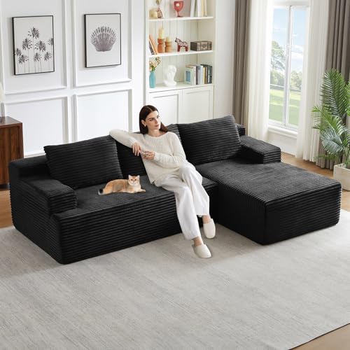Image of 96 inch Modular Sectional Sofa, Modern Corduroy Cloud Couch with Side Pockets, Boneless Couch Upholstered 3-Seater L-Shaped Sofa for Living Room, No Assembly Required (Black, Right-Facing Chaise)