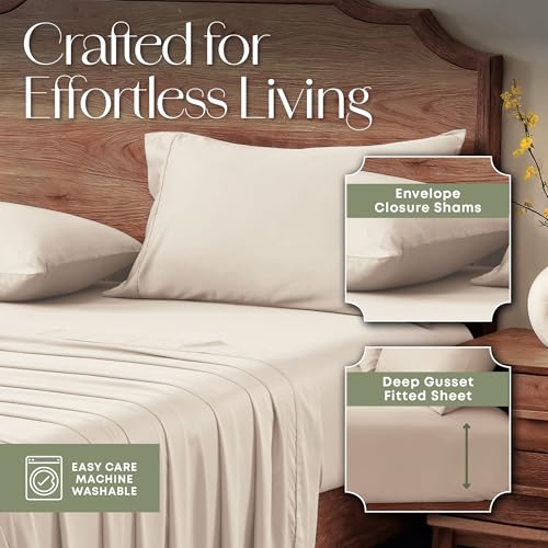Image of Slumberfy 4-Piece 400 TC Viscose Derived from Bamboo Sheets, Queen Size - 1 Fitted, 1 Flat, 2 Pillow Cases - Deep Pocket Cooling Viscose-Bamboo Bed Sheets in Magnetic Closure Gift Box, Sand