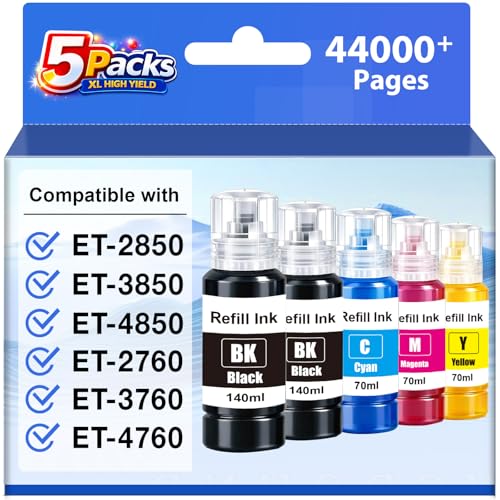 Replacement for Epson 502 Ink Refill Bottles High Capacity, Work with Epson EcoTank ET-2850 ET-3850 ET-4850 ET-15000 ET-3760 ET-2760 Printers, Replacement for Epson 502 Ink (5-Pack,2BK,CMY)