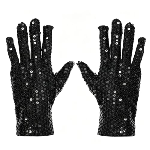 PENTA ANGEL Sequin Gloves 80s Vintage Classic Glitter Dance Rave Dress Up Gloves for Women Halloween Masquerade Costume (Black Short)