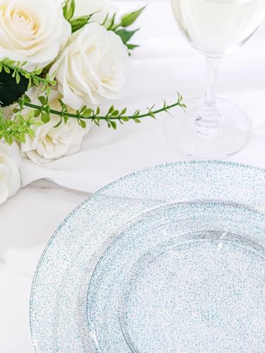 Image of WDF 200PCS Blue Plastic Plates - Blue Glitter Plastic Plates - Heavy Duty Disposable Plates - Include 100 Dinner Plates 10 inch and 100 Dessert Plates 7 inch for Parties /Wedding /Birthday