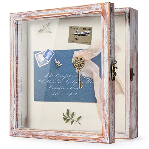 Image of TJ.MOREE Shadow Box 11 x 11 Display Case Wood Picture Frame White Pink | Memory Box with Linen Back for Memorabilia, Bouquet, Military Medals, Pet Memorial Gifts