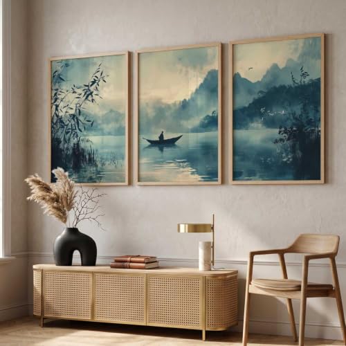 Image of kotart Big Aesthetic Nature Art Wall Framed Posters | Japanese Nature View Framed Poster for Living Room Bedroom Wall Decor Set Of 3 (10X13 inch)