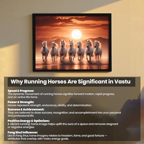Image of 7 White Running Horses Vastu with Sunrise Framed Wall Art Painting for Living Room | Seven Horse Wall Painting With Frame Symbol of Success Wall Art for Home & Office, 17x23 Inch