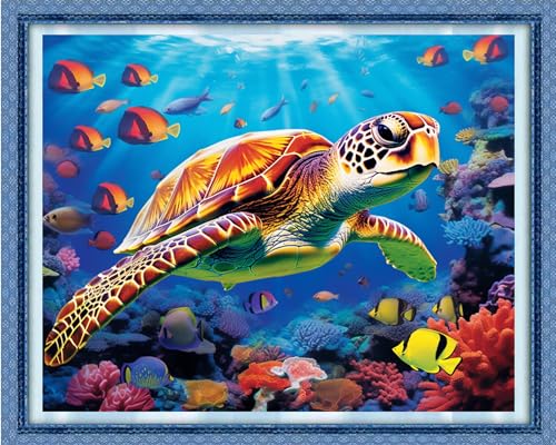 Image of Dimxvean Stamped Cross Stitch Kits,Cross Stitch Kits for Adults Beginners,Embroidery Kits Full Range of Cross Stitch Stamped Kits Needlepoint Kits Cross Stitch Patterns-Sea Turtle 16x20 inch