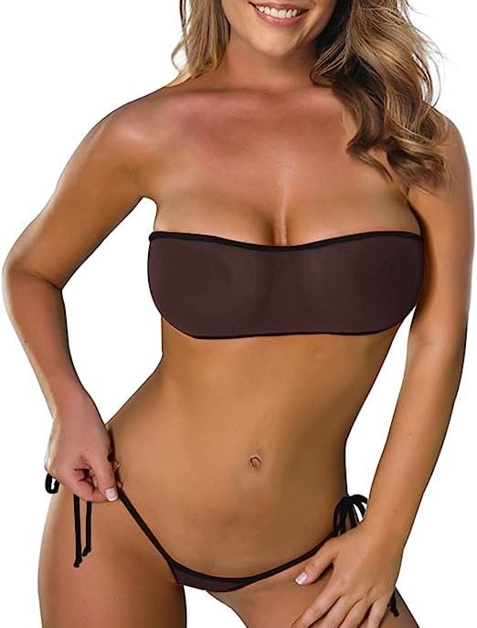 Women's Two-Piece Bandeau Bikini Set, Strapless Top with Side-Tie Bottom, Black-image-32