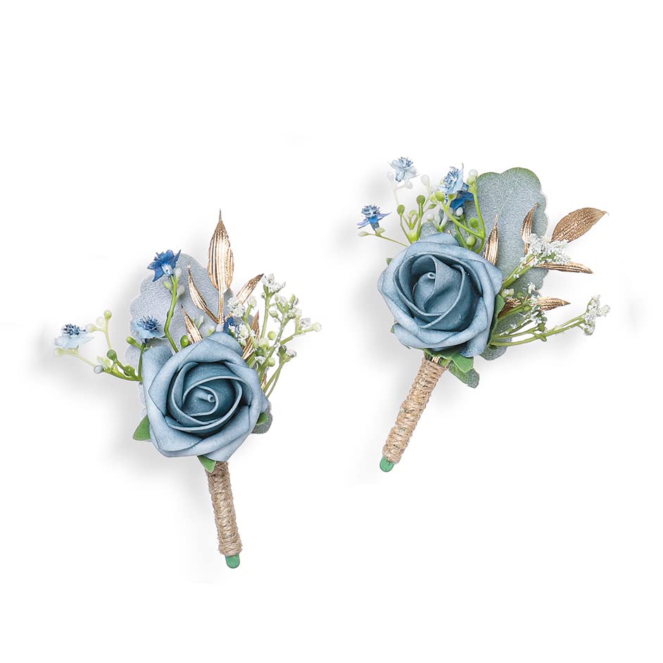 YSUCAU Boutonnieres de rosas para hombres, novios de boda y padrinos de boda para baile de graduación rústico de otoño vintage, color azul polvoriento, juego de 2