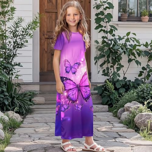 Short Sleeve Dresses for Girls Elastic Waist Maxi Dress with Side Pockets Casual Sundress3