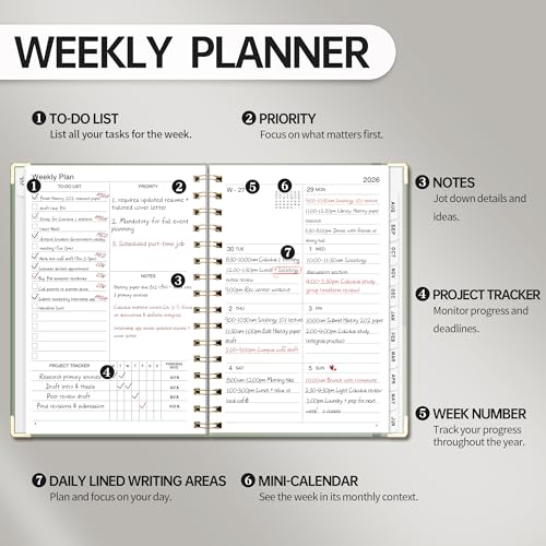 Academic Planner 2026-2027, Weekly and Monthly, A5 Size (5.7" x 8.3"), July 2026 - June 2027, To-do List for Tracking, for School, Home, Office, Hardcover, 12-Month Tabs (Light Green) - Image 3