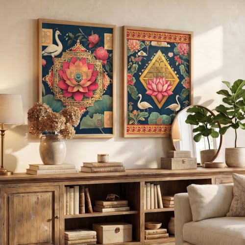 Image of kotart - Lotus Wall Art Painting for Wall Decoration Wall Poster With frames Wall Floral Paintings for Living Room Floral Traditional Wall Decoration Frames Home Decor Painting Floral Wall Art Framed Wall Painting for Home Room Bedroom Office Wall Decor set of 2 (Art 6, (19x25 inch), Framed)