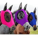 3 Pieces Horse Fly Mask Horse Mask with Ears Smooth and Elasticity Fly Mask with UV Protection, 3 Colors (L, Purple, Royal Blue, Pink)