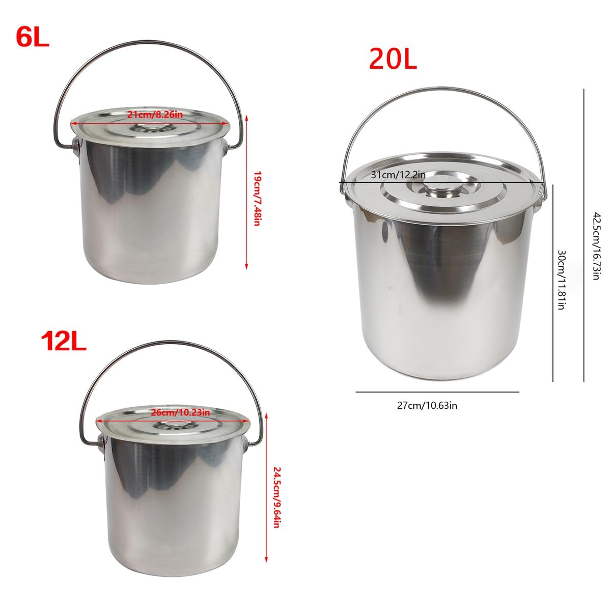 Cubo de acero inoxidable para cocina, 6 L, 12 y 20 L, para alimentos, leche, champán, acero inoxidable, industrial, cocina, cubo con asa+tapa para cocinas, bares, fiestas, extra grueso, 1,6 mm (6 L)